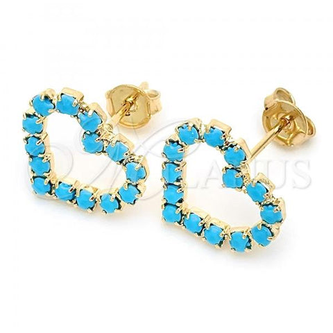 Oro Laminado Stud Earring, Gold Filled Style Heart Design, with Turquoise Cubic Zirconia, Polished, Golden Finish, 02.09.0213