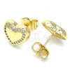 Oro Laminado Stud Earring, Gold Filled Style Heart Design, with White Micro Pave, Polished, Golden Finish, 02.156.0525