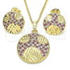 Oro Laminado Earring and Pendant Adult Set, Gold Filled Style with Ruby and White Cubic Zirconia, Polished, Golden Finish, 10.233.0036.2