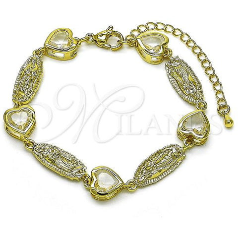 Oro Laminado Fancy Bracelet, Gold Filled Style Guadalupe and Heart Design, with White Cubic Zirconia, Polished, Golden Finish, 03.423.0001.07