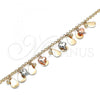 Oro Laminado Charm Anklet , Gold Filled Style Heart and Ball Design, Matte Finish, Tricolor, 03.331.0117.10