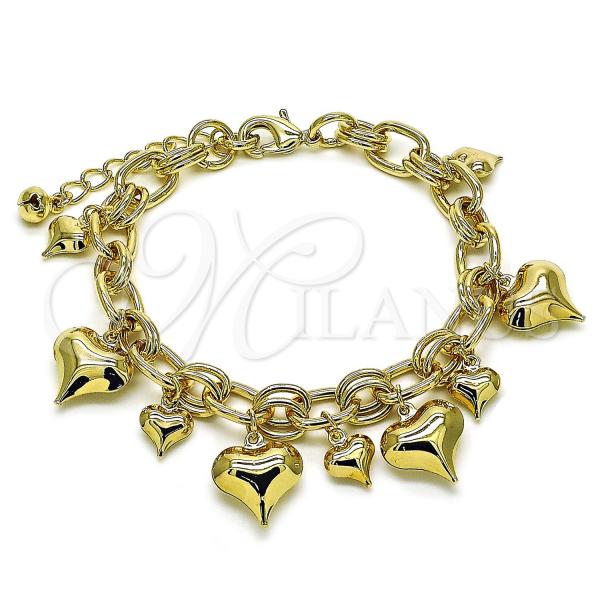 Oro Laminado Charm Bracelet, Gold Filled Style Heart Design, Polished, Golden Finish, 03.331.0320.08