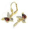 Oro Laminado Dangle Earring, Gold Filled Style Bird Design, with Garnet and White Micro Pave, Polished, Golden Finish, 02.210.0386.2