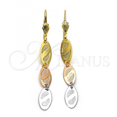 Oro Laminado Long Earring, Gold Filled Style Diamond Cutting Finish, Tricolor, 02.63.2158