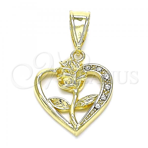 Oro Laminado Fancy Pendant, Gold Filled Style Flower and Heart Design, with White Crystal, Polished, Golden Finish, 05.253.0152