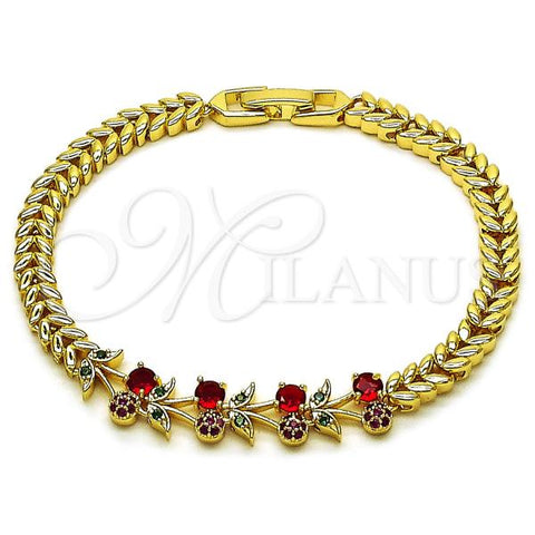 Oro Laminado Fancy Bracelet, Gold Filled Style Cherry Design, with Ruby and Green Cubic Zirconia, Polished, Golden Finish, 03.283.0483.07