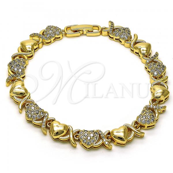 Oro Laminado Fancy Bracelet, Gold Filled Style Hugs and Kisses Design, with White Micro Pave, Polished, Golden Finish, 03.283.0259.07