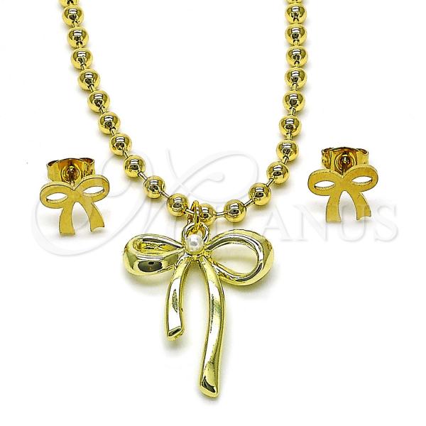 Oro Laminado Earring and Pendant Adult Set, Gold Filled Style Bow and Ball Design, with Ivory Pearl, Polished, Golden Finish, 10.417.0004