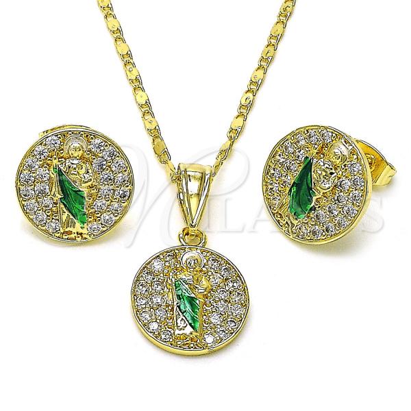 Oro Laminado Earring and Pendant Adult Set, Gold Filled Style San Judas Design, with White Cubic Zirconia, Polished, Tricolor, 10.411.0005