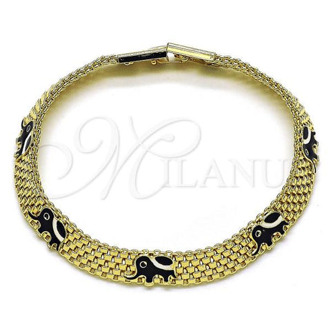 Oro Laminado Fancy Bracelet, Gold Filled Style Elephant and Bismark Design, Black Enamel Finish, Golden Finish, 03.331.0218.2.08