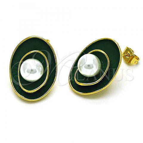 Oro Laminado Stud Earring, Gold Filled Style with Ivory Pearl, Green Enamel Finish, Golden Finish, 02.379.0026.1