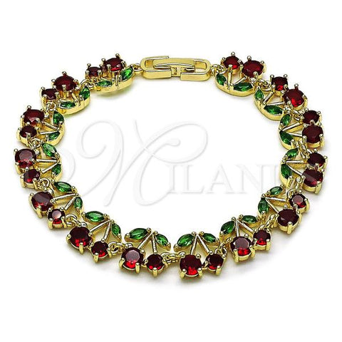 Oro Laminado Tennis Bracelet, Gold Filled Style Cherry Design, with Garnet and Green Cubic Zirconia, Polished, Golden Finish, 03.284.0059.1.08