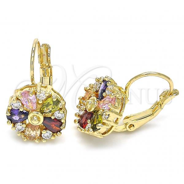 Oro Laminado Leverback Earring, Gold Filled Style Flower Design, with Multicolor Cubic Zirconia, Polished, Golden Finish, 02.210.0227.1