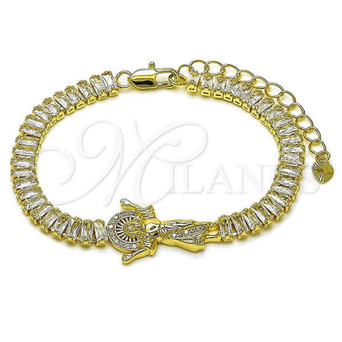 Oro Laminado Fancy Bracelet, Gold Filled Style Divino Niño and Baguette Design, with White Cubic Zirconia and White Micro Pave, Polished, Golden Finish, 03.411.0024.07