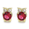 Oro Laminado Stud Earring, Gold Filled Style Owl Design, with Garnet Cubic Zirconia and White Micro Pave, Polished, Golden Finish, 02.156.0415
