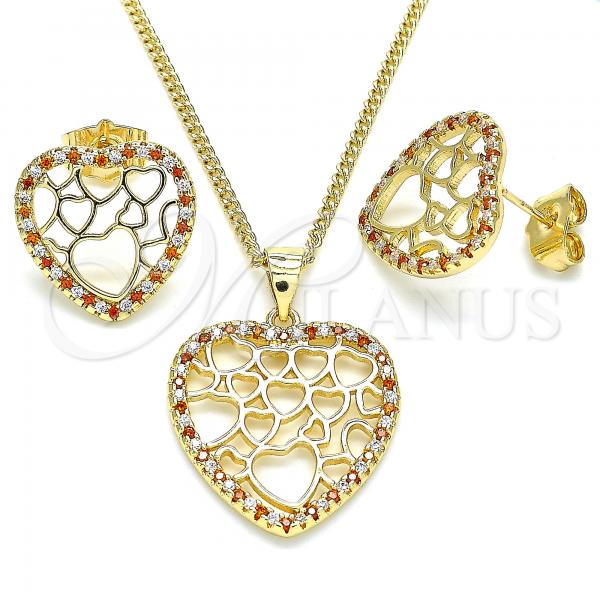 Oro Laminado Earring and Pendant Adult Set, Gold Filled Style Heart Design, with Garnet and White Micro Pave, Polished, Golden Finish, 10.156.0316.1
