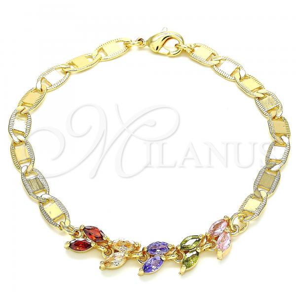 Oro Laminado Fancy Bracelet, Gold Filled Style Leaf Design, with Multicolor Cubic Zirconia, Polished, Golden Finish, 03.63.2128.2.08