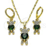 Oro Laminado Earring and Pendant Adult Set, Gold Filled Style Teddy Bear and Heart Design, with Green Cubic Zirconia and White Micro Pave, Polished, Golden Finish, 10.196.0027