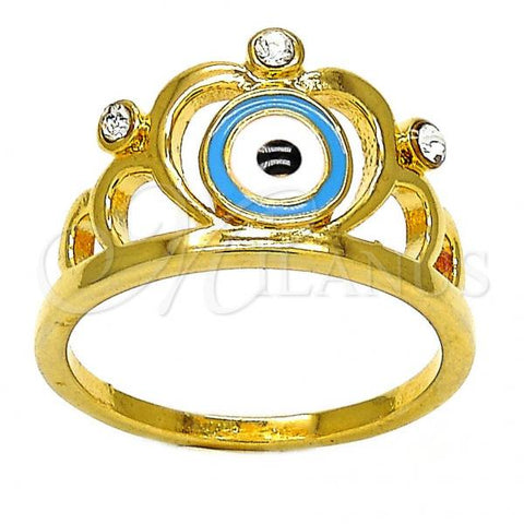 Oro Laminado Multi Stone Ring, Gold Filled Style Crown and Evil Eye Design, with White Crystal, Multicolor Enamel Finish, Golden Finish, 01.118.0060.06 (Size 6)