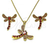 Oro Laminado Earring and Pendant Adult Set, Gold Filled Style Dragon-Fly Design, with Garnet Cubic Zirconia, Polished, Golden Finish, 10.316.0034.5