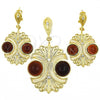 Oro Laminado Earring and Pendant Adult Set, Gold Filled Style with Brown Opal and White Crystal, Polished, Golden Finish, 10.91.0342.2
