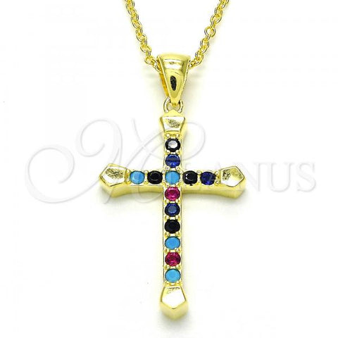 Sterling Silver Pendant Necklace, Cross Design, with Multicolor Cubic Zirconia, Polished, Golden Finish, 04.336.0082.2.16