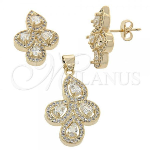 Oro Laminado Earring and Pendant Adult Set, Gold Filled Style with White Micro Pave and White Cubic Zirconia, Golden Finish, 10.156.0051