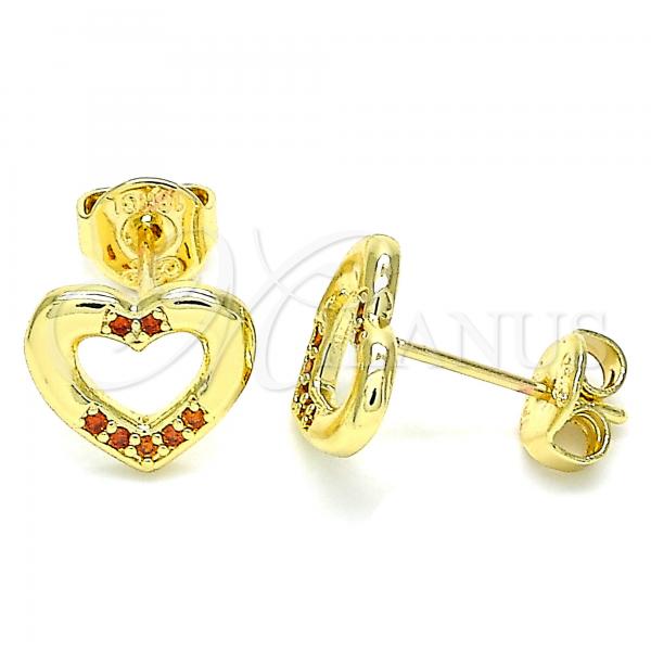 Oro Laminado Stud Earring, Gold Filled Style Heart Design, with Garnet Micro Pave, Polished, Golden Finish, 02.156.0469.2