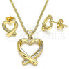 Oro Laminado Earring and Pendant Adult Set, Gold Filled Style Heart Design, with White Micro Pave, Polished, Golden Finish, 10.342.0034