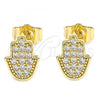 Oro Laminado Stud Earring, Gold Filled Style Hand of God Design, with White Micro Pave, Polished, Golden Finish, 02.210.0431
