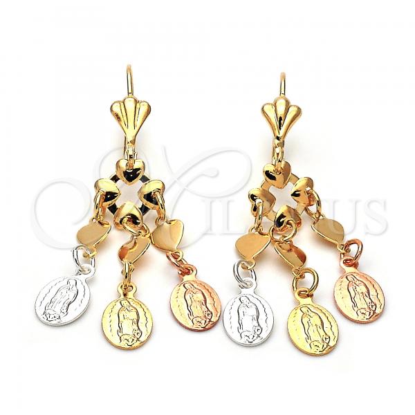 Oro Laminado Long Earring, Gold Filled Style Guadalupe and Heart Design, Polished, Tricolor, 59.004