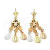 Oro Laminado Long Earring, Gold Filled Style Guadalupe and Heart Design, Polished, Tricolor, 59.004