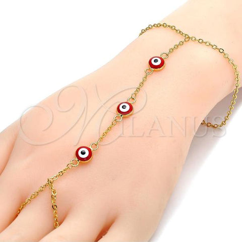 Oro Laminado Fancy Bracelet, Gold Filled Style Evil Eye and Rolo Design, Red Enamel Finish, Golden Finish, 03.60.0144.2.08