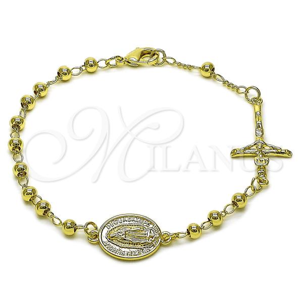 Oro Laminado Fancy Bracelet, Gold Filled Style Guadalupe and Crucifix Design, Polished, Golden Finish, 03.213.0359.08