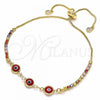 Oro Laminado Adjustable Bolo Bracelet, Gold Filled Style Evil Eye Design, with Multicolor and White Cubic Zirconia, Red Resin Finish, Golden Finish, 03.63.2084.11