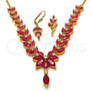 Oro Laminado Necklace and Earring, Gold Filled Style Leaf Design, with Ruby Cubic Zirconia, Polished, Golden Finish, 06.221.0001