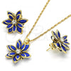 Oro Laminado Earring and Pendant Adult Set, Gold Filled Style Flower Design, with Sapphire Blue and White Crystal, Polished, Golden Finish, 10.64.0155.2