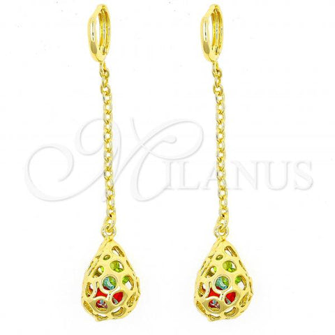 Oro Laminado Long Earring, Gold Filled Style Teardrop Design, with Multicolor Crystal, Polished, Golden Finish, 02.150.0007