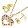 Oro Laminado Earring and Pendant Adult Set, Gold Filled Style Heart Design, with Garnet and White Micro Pave, Polished, Golden Finish, 10.156.0317.1