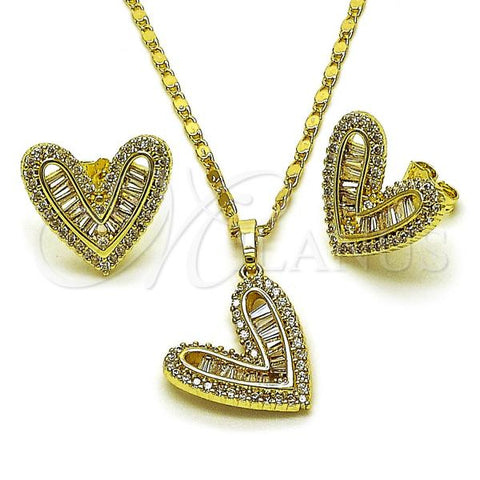Oro Laminado Earring and Pendant Adult Set, Gold Filled Style Heart and Baguette Design, with White Cubic Zirconia, Polished, Golden Finish, 10.196.0191.1