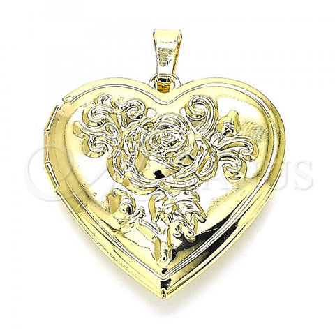 Oro Laminado Locket Pendant, Gold Filled Style Heart and Flower Design, Polished, Golden Finish, 05.117.0016