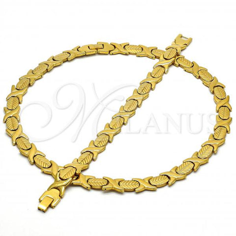 Stainless Steel Necklace and Bracelet, Hugs and Kisses and Leaf Design, Polished, Golden Finish, 06.231.0003.2