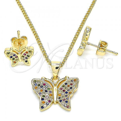Oro Laminado Earring and Pendant Adult Set, Gold Filled Style Butterfly Design, with Multicolor Micro Pave, Polished, Golden Finish, 10.156.0248.3