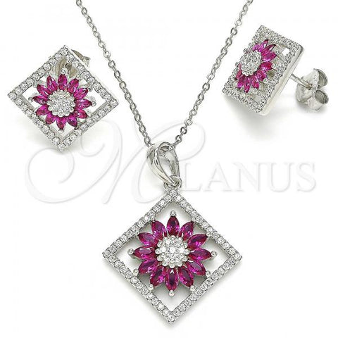 Sterling Silver Earring and Pendant Adult Set, Flower Design, with Ruby Cubic Zirconia and White Crystal, Polished, Rhodium Finish, 10.286.0032.1