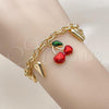 Oro Laminado Charm Bracelet, Gold Filled Style Cherry and Heart Design, Red Enamel Finish, Golden Finish, 03.282.0005.07