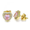 Oro Laminado Stud Earring, Gold Filled Style Heart Design, with Pink Cubic Zirconia and White Micro Pave, Polished, Golden Finish, 02.210.0476.3