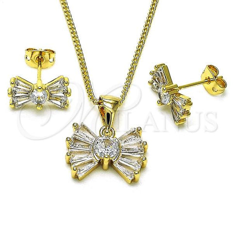 Oro Laminado Earring and Pendant Adult Set, Gold Filled Style Bow and Baguette Design, with White Cubic Zirconia, Polished, Golden Finish, 10.342.0148