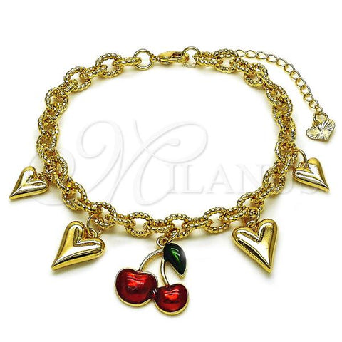 Oro Laminado Charm Bracelet, Gold Filled Style Cherry and Heart Design, Red Enamel Finish, Golden Finish, 03.282.0005.07