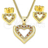 Oro Laminado Earring and Pendant Adult Set, Gold Filled Style Heart Design, with Garnet and White Micro Pave, Polished, Golden Finish, 10.156.0315.1