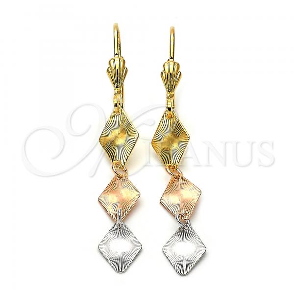 Oro Laminado Long Earring, Gold Filled Style Diamond Cutting Finish, Tricolor, 02.63.2157